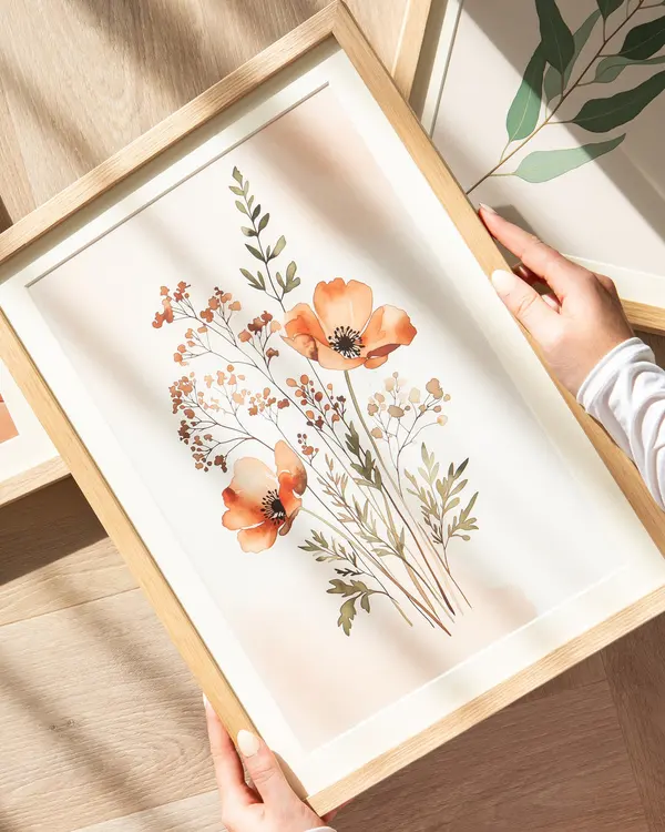 Hands holding a watercolour print of orange poppies and wild grasses on a pale background.